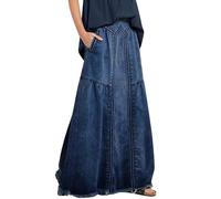 Damen Maxi-Jeansröcke, elastisch, hohe Taille, Vintage, ausgefranst, A-Linie, Used-Look, lässig, lange Jeansröcke, dunkelblau, 44