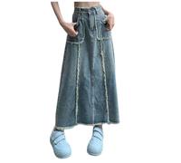 Damen Maxi Long Jeans Rock Hohe Taille A-Linie Lange Denim Röck Freizeit Lässig Blau Denim Jeansrock Einfarbig Freizeitrock Sommerrock Herbstrock Elegant Denim Stretch Lang Röck Maxi (Blue-J, L)