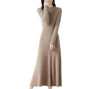 Damen Maxi-Strickkleid aus Wolle Langarm Rundhals Pullover A-Linie einfarbig elegant Herbst Winter Freizeitkleid T-603 L