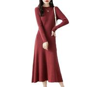 Damen Maxi-Strickkleid aus Wolle Langarm Rundhals Pullover A-Linie einfarbig elegant Herbst Winter Freizeitkleid Red01 XS