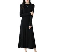 Damen Maxi-Strickkleid aus Wolle Langarm Rundhals Pullover A-Linie einfarbig elegant Herbst Winter Freizeitkleid Black S