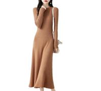 Damen Maxi-Strickkleid aus Wolle Langarm Rundhals Pullover A-Linie einfarbig elegant Herbst Winter Freizeitkleid Khaki9 XL