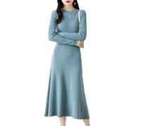 Damen Maxi-Strickkleid aus Wolle Langarm Rundhals Pullover A-Linie einfarbig elegant Herbst Winter Freizeitkleid EN803 L