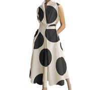 Damen-Maxikleid aus Baumwolle, Sommer, mit Taschen, ärmellos, V-Ausschnitt, Knopf, Retro, Pendler, Swing, hohe Taille, plissiertes Revers, A-Linie, Kleid für Büro, Strand, Weiß mit schwarzen Punkten,