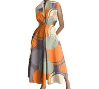 Damen-Maxikleid aus Baumwolle, Sommer, mit Taschen, ärmellos, V-Ausschnitt, Knopf, Retro, Pendler, Swing, hohe Taille, plissiertes Revers, A-Linie, Kleid für Büro, Strand, Orange Print, M