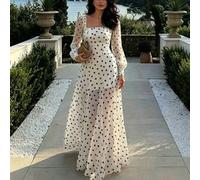 Damen-Maxikleid aus Chiffon-Mesh mit französischem quadratischem Ausschnitt, schwarz-weißem Polka-Dot-Muster, Vintage-Blütenärmeln, geraffter Taille u