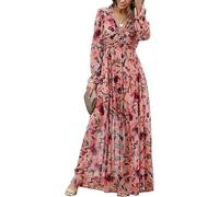 Damen-Maxikleid im Bohemian-Stil, Chiffon, langärmelig, V-Ausschnitt, Rüschen, elegant, fließend, Blumenmuster, Partykleid