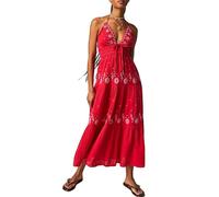 Damen-Maxikleid im Boho-Stil, fließend, Blumenstickerei, Neckholder, ärmellos, offener Rücken, schwingend, rückenfrei, A-Linie, rot, L