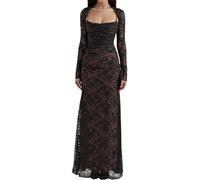 Damen-Maxikleid im Vintage-Stil, cremefarben, Spitze, romantisch, lange Ärmel, figurbetontes Kleid, creme-schwarz, X-Groß