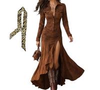 Damen-Maxikleid im Vintage-Stil, Western-Stil, V-Ausschnitt, Knopfleiste, langärmelig, Cowgirl-Stil, Wildlederimitat, caramel, L