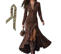 Damen-Maxikleid im Vintage-Stil, Western-Stil, V-Ausschnitt, Knopfleiste, langärmelig, Cowgirl-Stil, Wildlederimitat, dunkelbraun, L