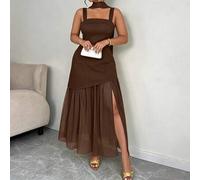Damen-Maxikleid in Große Größen mit hohem Schlitz, ärmellos, einfarbig, mit Schal, als Cover-Up für Büro/Date/Alltag, Frühling/Sommer, neu