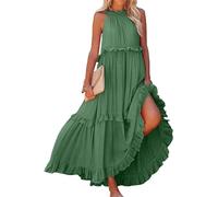 Damen-Maxikleid mit fließenden Rüschen, gestuft, Sommer, Boho, ärmellos, Neckholder, Raffhalter, lockere Passform, Strand, langes Swing-Kleid, gesmoktes Sommerkleid für Cocktail, formelle