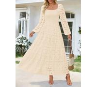 Damen-Maxikleid mit langen Ärmeln und Ösen, quadratischer Ausschnitt, Spitze, Blumenmuster, A-Linie, fließend, Frühling, Hochzeitsgäste