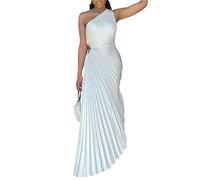 Damen-Maxikleid mit One-Shoulder-Einschulter in Metallic-Optik, Plissiertes Maxikleid mit Ausschnitt in der Taille