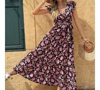 Damen Maxikleid mit Paisley Blume Muster, Rüschen, Wickelausschnitt und abgestuftem Saum. Selbstbindegürtel im Boho-Stil für Urlaub. Perfekt für Frühl