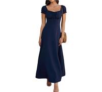 Damen Maxikleid mit Quadratischem Ausschnitt und Kurzen Ärmeln In A Linie, Lässiges Strandkleid(Dark Blue,M)