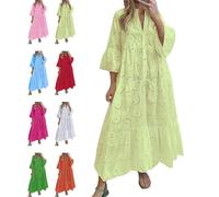 Damen-Maxikleid mit V-Ausschnitt, Ösen, Stickerei, lässig, Spitze, Boho, fließend, schwingend, hohe Taille, Rüschen, Strand, Urlaubskleid, gelb, 5XL
