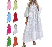 Damen-Maxikleid mit V-Ausschnitt, Ösen, Stickerei, lässig, Spitze, Boho, fließend, schwingend, hohe Taille, Rüschen, Strand, Urlaubskleid, weiß, S
