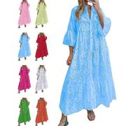 Damen-Maxikleid mit V-Ausschnitt, Ösen, Stickerei, lässig, Spitze, Boho, fließend, schwingend, hohe Taille, Rüschen, Strand, Urlaubskleid, blau, M