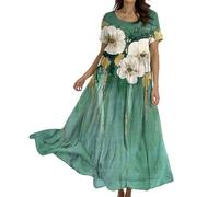 Damen Maxikleid Sommer Rundhals Kurzarm Blumenprint Strandkleid Freizeitkleid Casual Lockeres Kleid für Strand Urlaub Picknick Green XL