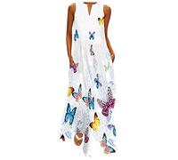Damen Maxikleid V-Ausschnitt Sommerkleid Lang Langes Kleid Große Größen Sommer Strandkleid Ärmellos Schmetterling Drucken Blusenkleid Locker Kaftan Boho Kleider Festlich Elegant Partykleid