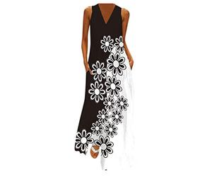 Damen Maxikleid V Ausschnitt Sommerkleid Lang Langes Kleid Große Größen Sommer Strandkleid Ärmellos Blumen Drucken Blusenkleid Locker Kaftan Boho Kleider Festlich Elegant Abiballkleid