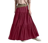 Damen Maxirock Boho Damen-Frühling/Sommer, lässig, hohe Taille, Baumwolle und Leinen, einfarbig, plissiert, lockerer Swing, halblanger Rock Schwarz Schwarz