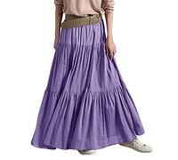 Damen Maxirock Boho Damen-Frühling/Sommer, lässig, hohe Taille, Baumwolle und Leinen, einfarbig, plissiert, lockerer Swing, halblanger Rock Schwarz Schwarz