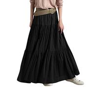 Damen Maxirock Boho Damen-Frühling/Sommer, lässig, hohe Taille, Baumwolle und Leinen, einfarbig, plissiert, lockerer Swing, halblanger Rock Schwarz Schwarz