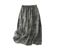Damen Maxiröcke Blumendruck Rock Baumwolle Leinen Röcke A Linie Swing Rock Hohe Taille Rock Damen Elegant Midi Rock Lose Enge Rock Ausgestellter Boho Rock Slim Fit Doppellagiger Rock Ausgehen, Grau