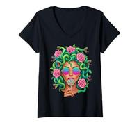 Damen Medusa Lollipop Greek Mythology Goddess Roses T-Shirt mit V-Ausschnitt