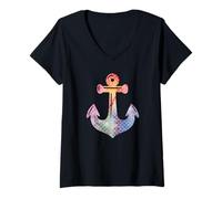 Damen Meerjungfrau Schiff Anker Strand Urlaub T-Shirt mit V-Ausschnitt