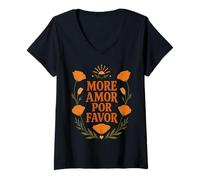Damen Mehr Amor Por Favor Spanische kalifornische Mohnblume im Retro-Look T-Shirt mit V-Ausschnitt