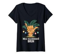Damen Mele Kaliki Shaka Sign Tropical Christmas Hawaiian Xmas Palm T-Shirt mit V-Ausschnitt