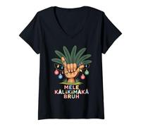 Damen Mele KalikiShaka Sign Tropical Christmas Hawaiian Xmas Palm T-Shirt mit V-Ausschnitt