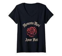 Damen Memento Mori Amor Fati Rose Lateinischer Satz Philosophie T-Shirt mit V-Ausschnitt