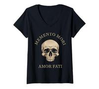 Damen Memento Mori Amor Fati Skull Lateinischer Satz Philosophie T-Shirt mit V-Ausschnitt