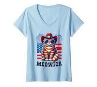 Damen Meowica Cat 4. Juli Amerikanische Flagge Feuerwerk Patriotische Katze T-Shirt mit V-Ausschnitt