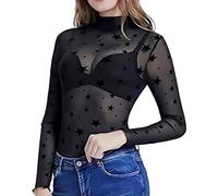 Damen Mesh Oberteil Festival Outfit Curvy Transparentes Glitzer Durchsehen Hemdbluse Halloween Blumenstickerei Rave Sexy Spitze Langarmshirt Netzoberteil Tunika Karneval Durchsichtiges Shirt Xxxxxl Xl
