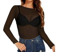Damen Mesh Oberteil Festival Outfit Y2K Sexy Transparent Netz Rundhals Langarmshirt Glitzer Pailletten Top Halloween Fledermaus Stickerei T-Shirt Rave Blusen Tuniken Karneval Party Clubwear Tee Shirts