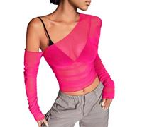 Damen Mesh Oberteil Festival Outfit Y2K Sexy Transparent Netz Rundhals Langarmshirt Glitzer Pailletten Top Halloween Fledermaus Stickerei T-Shirt Rave Blusen Tuniken Karneval Party Clubwear Tee Shirts