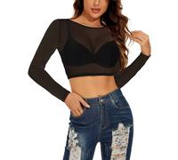 Damen Mesh Oberteil Transparentes Langarmshirt Sheer Netz Tops Durchsichtige Clubwear（Schwarz，S）