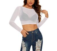 Damen Mesh Oberteil Transparentes Langarmshirt Sheer Netz Tops Durchsichtige Clubwear（Weiß，L）