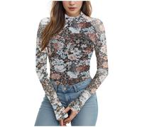 Damen Mesh Oberteile Transparentes Netzoberteil mit Muster Sexy Schwarz Mesh T-Shirt Durchsichtig Langarmshirt Leichtes Netzstoff Bluse Tops Club Netz Oberteile Bluse Tunika Clubwear Party