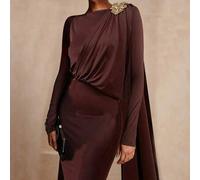 Damen Metall-Dekor braunes gestricktes gebürstetes Rundhals-Rüschen-Einschulter-Langarmkleid, elegantes Luxus-Party-Kleid