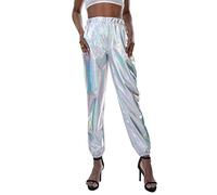 Damen Metallic Hose Glänzend Wetlook Cargohose Sporthose 80er Jahre Kleidung 90er Jahre Outfit Hologramm Hip Hop Leggings Jogginghose Sweathose Tanzhosen Party Disco Nachtclub Clubwear Silber XL