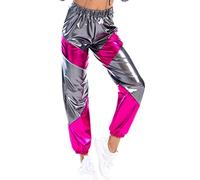 Damen Metallic Hose Glitzer Wetlook Cargohose Sporthose 80er 90er Jahre Kleidung Outfit Hologramm Hip Hop Leggings Jogginghose Sweathose Tanzhosen Party Disco Festival Rave Clubwear Grau Rosenrot S
