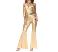 Damen Metallic Jumpsuit Gold Neckholder V-Ausschnitt Overalls Wetlook Lang Bootcut Romper mit Reißverschluss Lack Leder Weites Bein Playsuits Metallisch Hippie Disco Dance Bühnen Clubwear (Gold, XL)