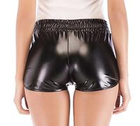 Damen Metallic Shorts PU Leder Shorts Elastic Waist Shorts Shiny Shorts Leopard Sexy Hotpants Kunstlederhose Leggings Leder Kurze Hose (M,Schwarz)